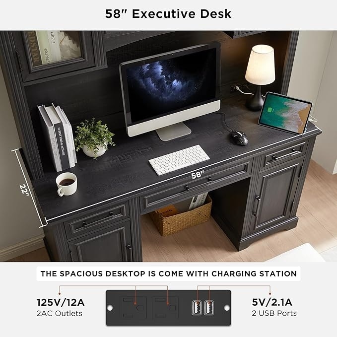 Farmhouse Computer Desk with Hutch,Office Desk with Charging